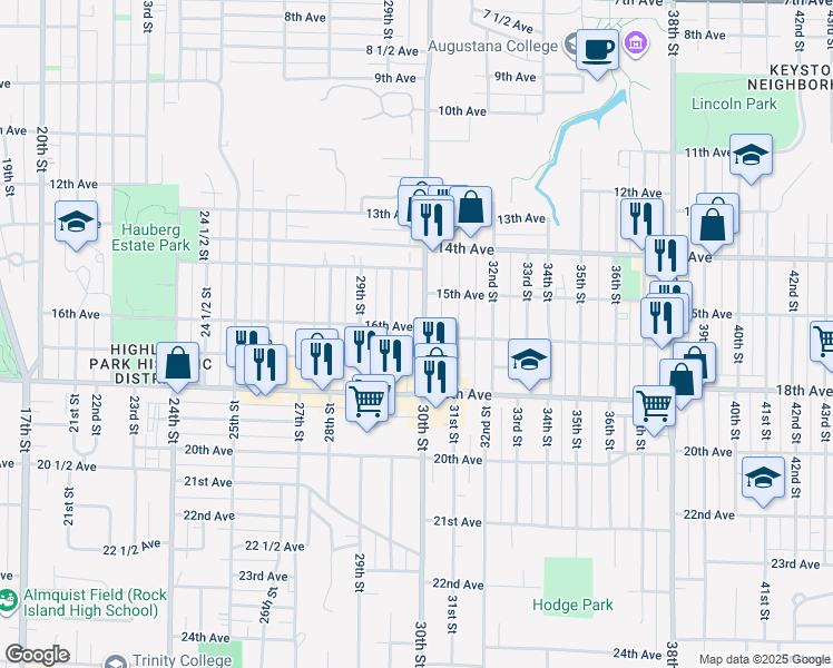 map of restaurants, bars, coffee shops, grocery stores, and more near 2915-2917 17th Avenue in Rock Island
