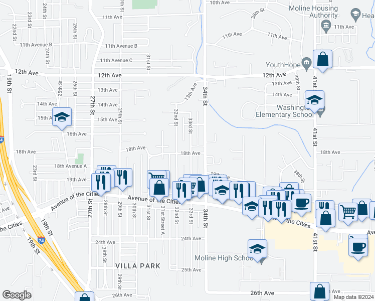 map of restaurants, bars, coffee shops, grocery stores, and more near 3223 18th Avenue in Moline