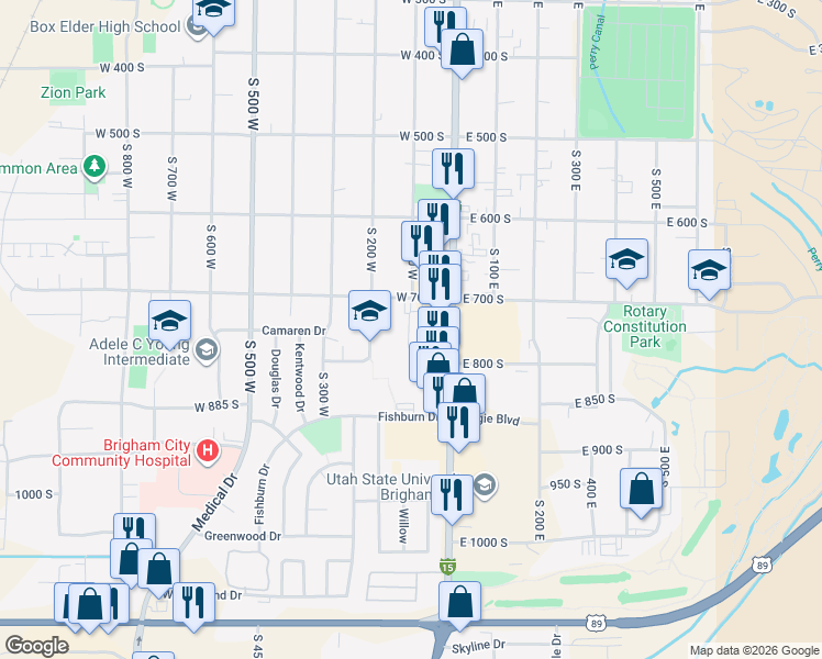 map of restaurants, bars, coffee shops, grocery stores, and more near 755 South 100 West in Brigham City