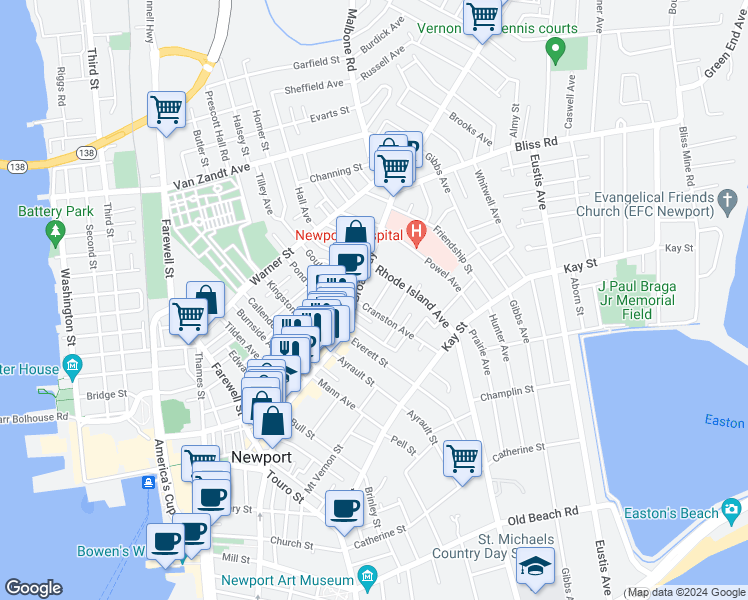 map of restaurants, bars, coffee shops, grocery stores, and more near 2 Tyler Street in Newport