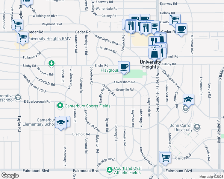 map of restaurants, bars, coffee shops, grocery stores, and more near 2382 Charney Road in University Heights