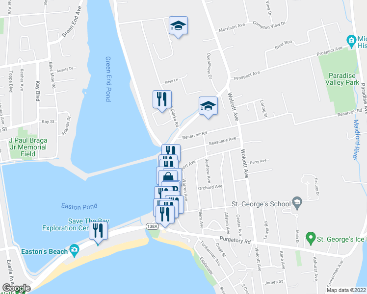 map of restaurants, bars, coffee shops, grocery stores, and more near 50 Seascape Avenue in Middletown