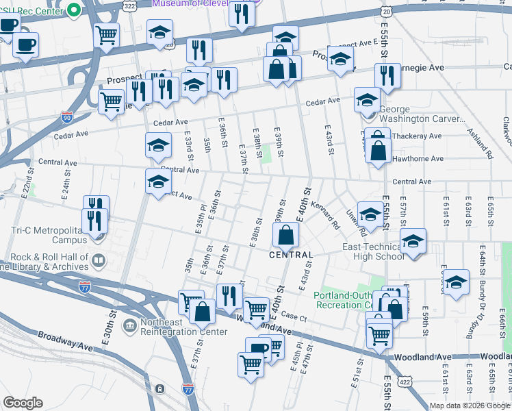map of restaurants, bars, coffee shops, grocery stores, and more near 2378 East 38th Street in Cleveland