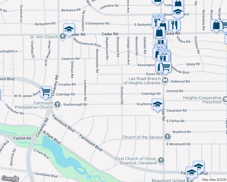 map of restaurants, bars, coffee shops, grocery stores, and more near 3020 Coleridge Road in Cleveland Heights