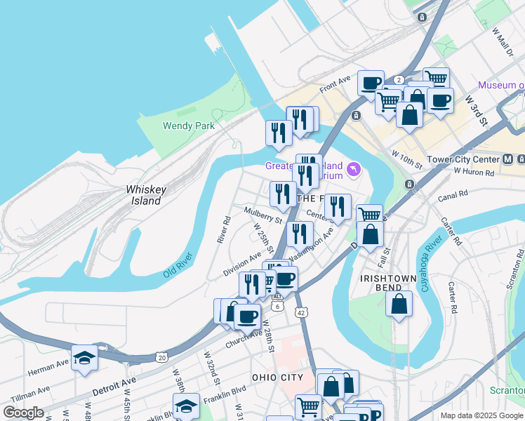 map of restaurants, bars, coffee shops, grocery stores, and more near 1289 West 25th Street in Cleveland