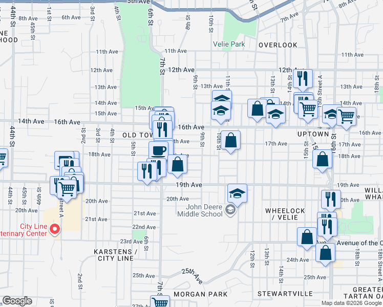 map of restaurants, bars, coffee shops, grocery stores, and more near 837 18th Avenue A in Moline
