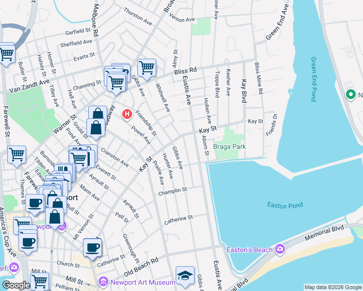 map of restaurants, bars, coffee shops, grocery stores, and more near 103 Champlin Place North in Newport