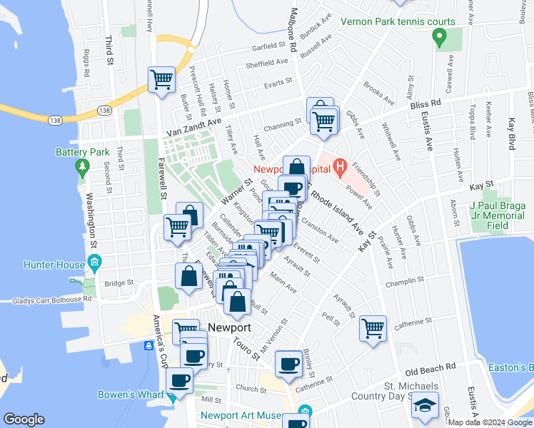 map of restaurants, bars, coffee shops, grocery stores, and more near 2 Pond Avenue in Newport