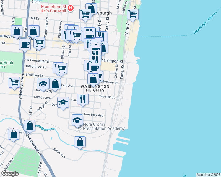 map of restaurants, bars, coffee shops, grocery stores, and more near 1 Colden Street in Newburgh