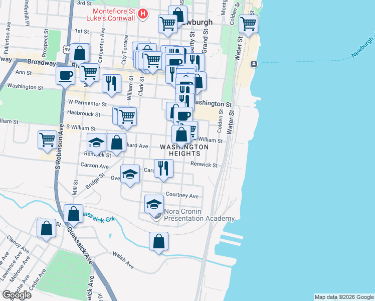 map of restaurants, bars, coffee shops, grocery stores, and more near 22 Liberty Street in Newburgh