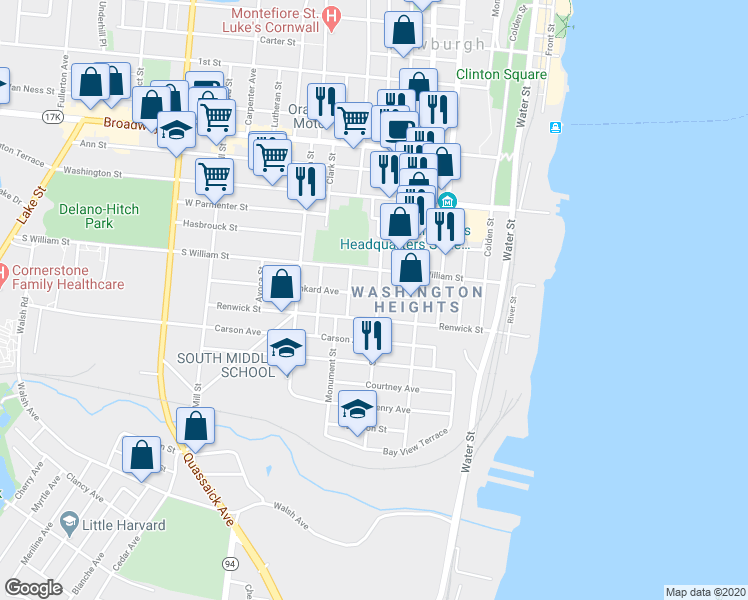 map of restaurants, bars, coffee shops, grocery stores, and more near 121 Renwick Street in Newburgh