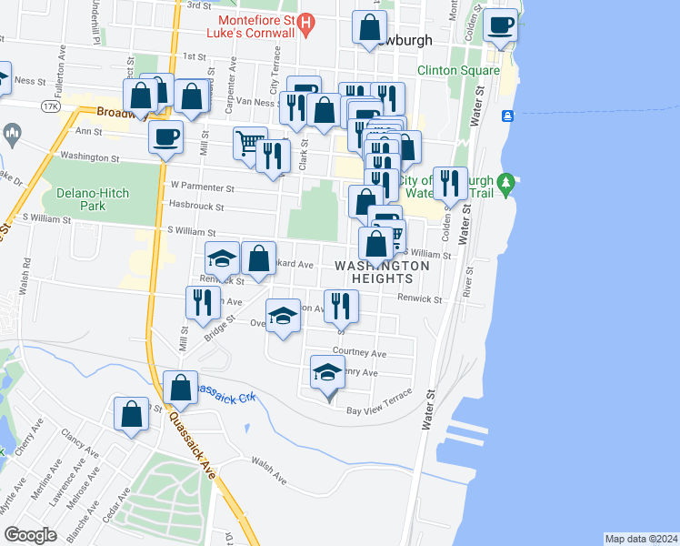 map of restaurants, bars, coffee shops, grocery stores, and more near 121 Renwick Street in Newburgh