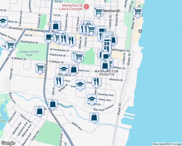 map of restaurants, bars, coffee shops, grocery stores, and more near 153 Renwick Street in Newburgh