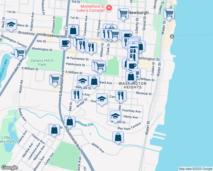 map of restaurants, bars, coffee shops, grocery stores, and more near 153 Renwick Street in Newburgh