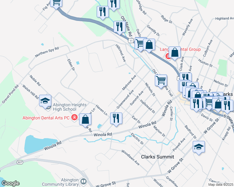 map of restaurants, bars, coffee shops, grocery stores, and more near 400-598 Earl Street in Clarks Summit