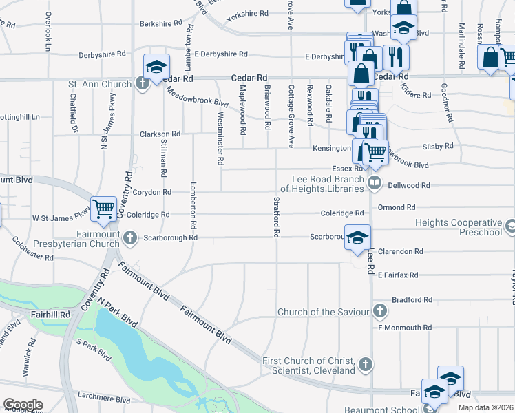map of restaurants, bars, coffee shops, grocery stores, and more near 3020 Coleridge Road in Cleveland Heights