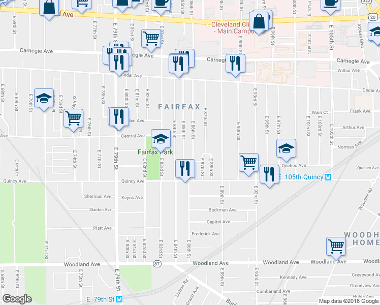 map of restaurants, bars, coffee shops, grocery stores, and more near 2338 East 86th Street in Cleveland