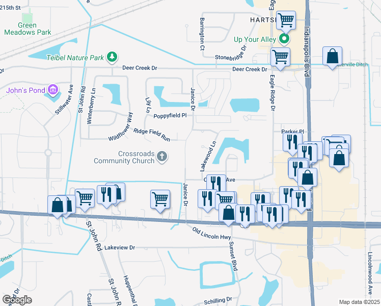 map of restaurants, bars, coffee shops, grocery stores, and more near 1773-1785 Janice Drive in Schererville