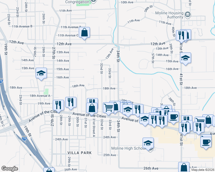 map of restaurants, bars, coffee shops, grocery stores, and more near 1811 33rd Street in Moline