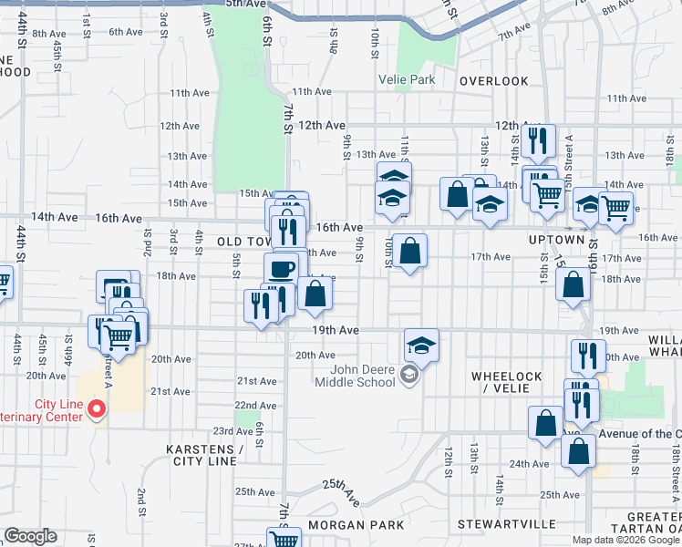 map of restaurants, bars, coffee shops, grocery stores, and more near 837 18th Avenue A in Moline