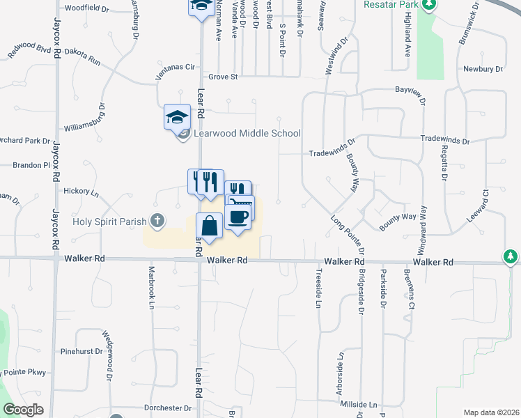 map of restaurants, bars, coffee shops, grocery stores, and more near 371 Lear Road in Avon Lake