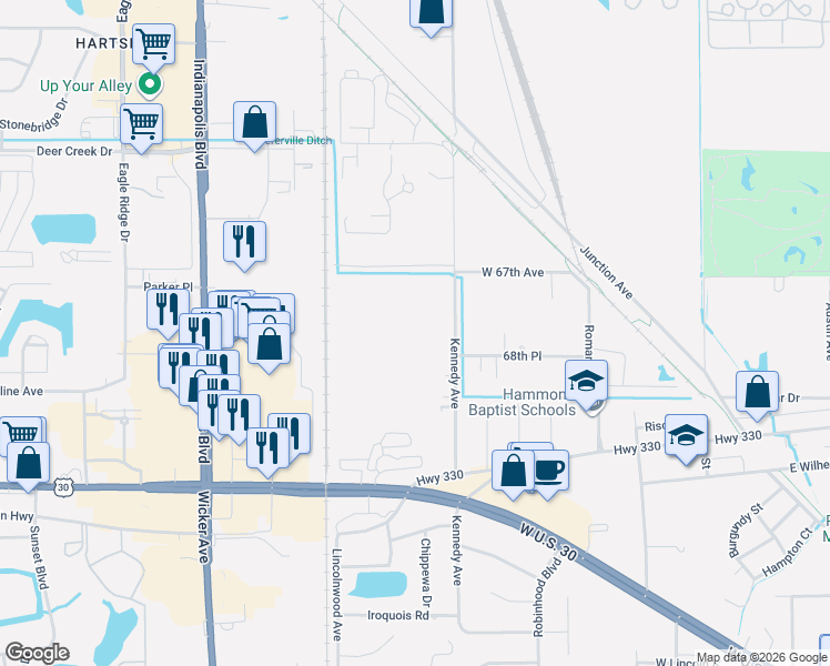 map of restaurants, bars, coffee shops, grocery stores, and more near 1510 Kennedy Avenue in Schererville