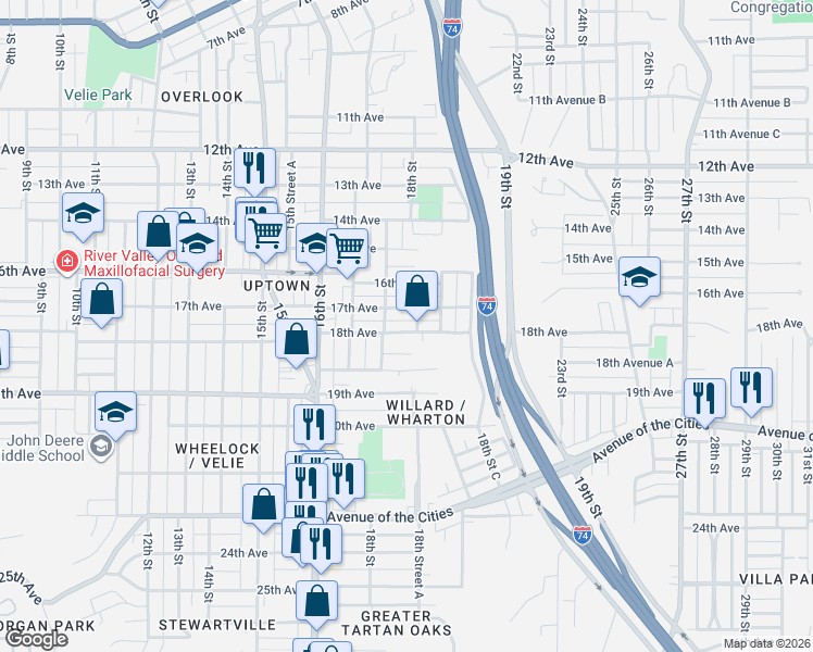 map of restaurants, bars, coffee shops, grocery stores, and more near 1815 18th Street A in Moline