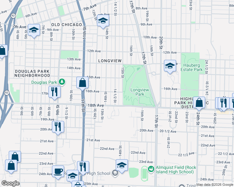 map of restaurants, bars, coffee shops, grocery stores, and more near 1626 15th Street in Rock Island