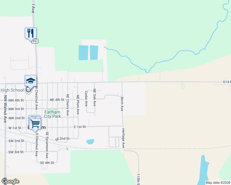 map of restaurants, bars, coffee shops, grocery stores, and more near 415 Birch Avenue in Earlham