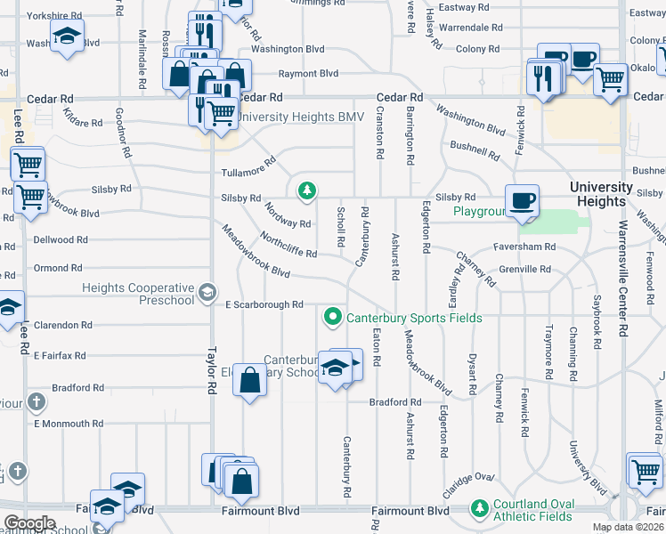 map of restaurants, bars, coffee shops, grocery stores, and more near 3610 Meadowbrook Boulevard in Cleveland Heights
