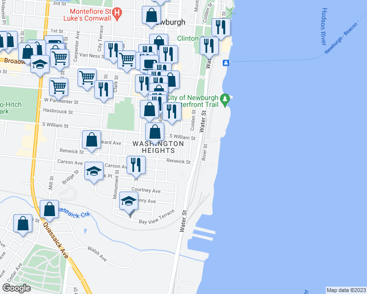 map of restaurants, bars, coffee shops, grocery stores, and more near 24 Edward Street in Newburgh