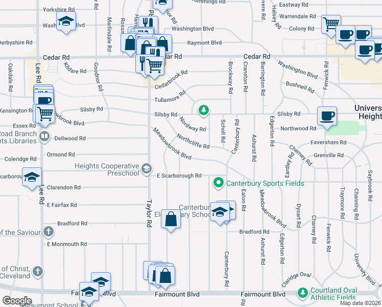 map of restaurants, bars, coffee shops, grocery stores, and more near 3552 Meadowbrook Boulevard in Cleveland Heights
