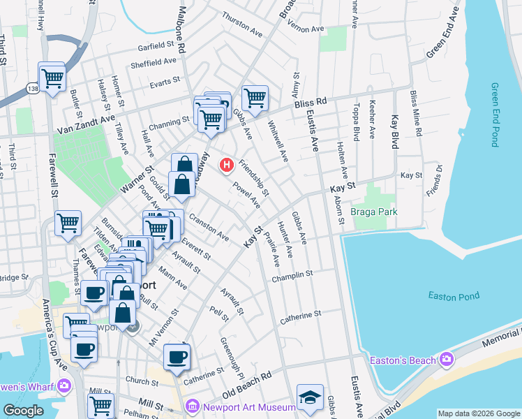 map of restaurants, bars, coffee shops, grocery stores, and more near 88 Kay Street in Newport