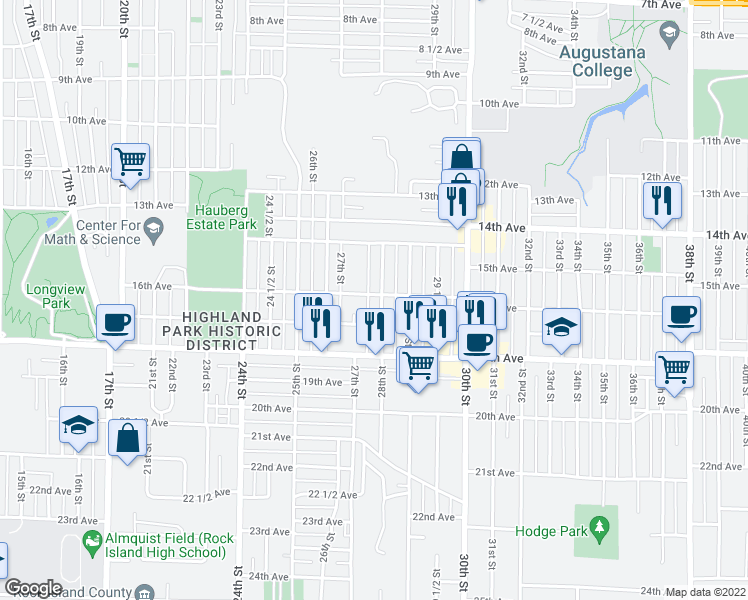 map of restaurants, bars, coffee shops, grocery stores, and more near 1600 28th Street in Rock Island