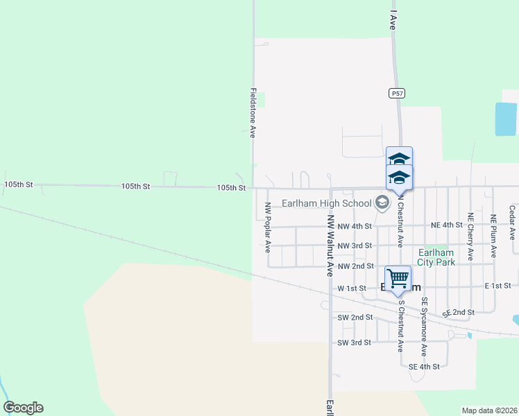 map of restaurants, bars, coffee shops, grocery stores, and more near 540 Northwest Poplar Avenue in Earlham
