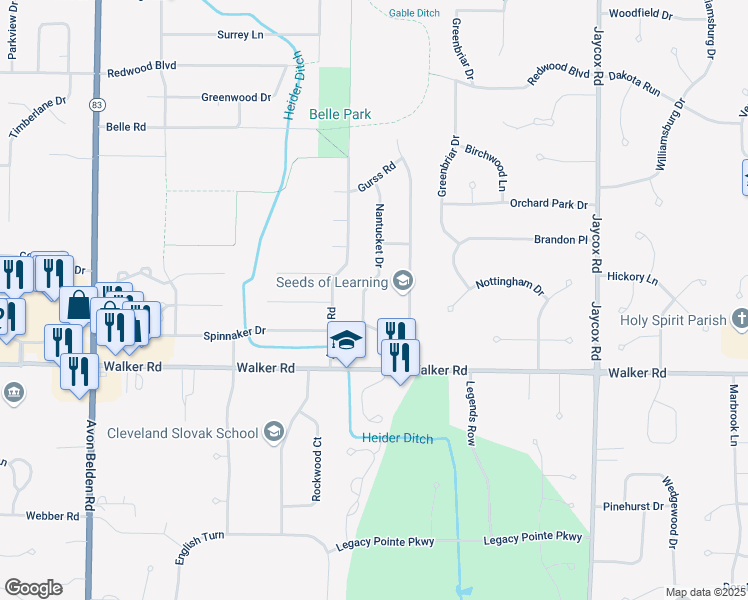 map of restaurants, bars, coffee shops, grocery stores, and more near 409 Nantucket Drive in Avon Lake
