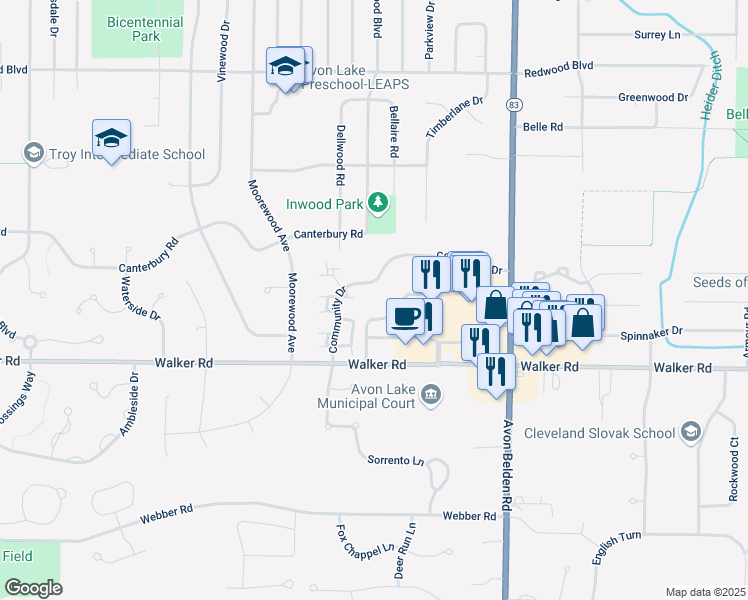 map of restaurants, bars, coffee shops, grocery stores, and more near 500 Community Drive in Avon Lake