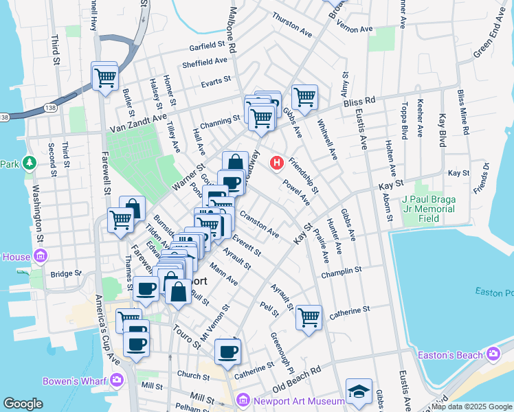 map of restaurants, bars, coffee shops, grocery stores, and more near 9 Tyler Street in Newport
