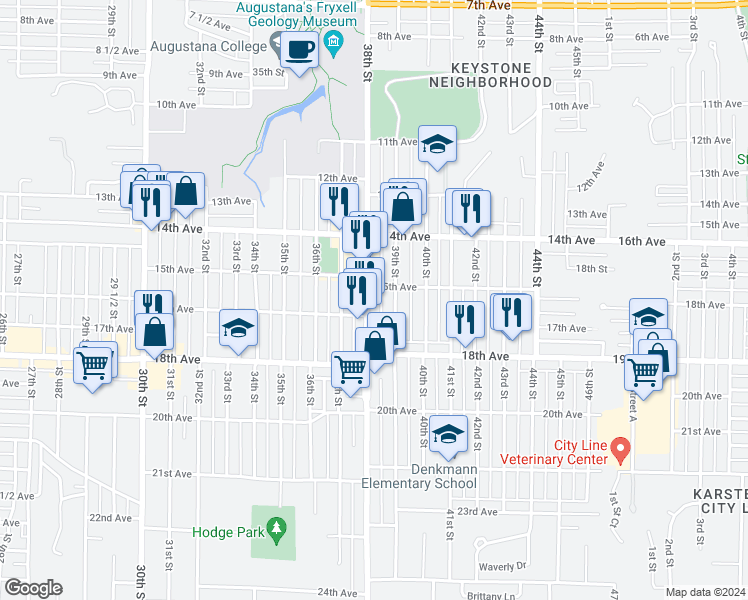 map of restaurants, bars, coffee shops, grocery stores, and more near 1515 38th Street in Rock Island