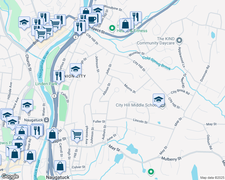 map of restaurants, bars, coffee shops, grocery stores, and more near 188 Auburn Street in Naugatuck