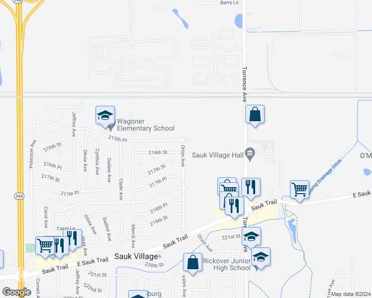 map of restaurants, bars, coffee shops, grocery stores, and more near 21557 Orion Avenue in Sauk Village