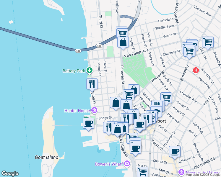 map of restaurants, bars, coffee shops, grocery stores, and more near 55 3rd Street in Newport