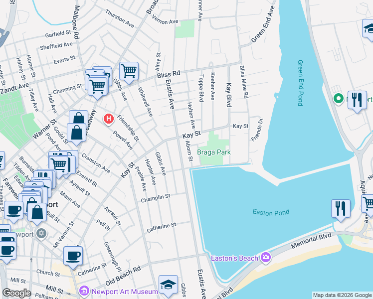 map of restaurants, bars, coffee shops, grocery stores, and more near 139 Kay Street in Newport