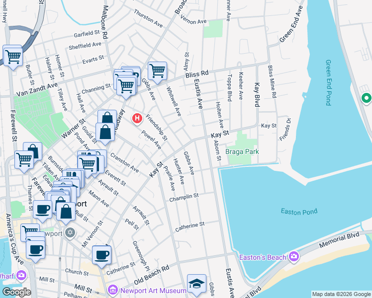 map of restaurants, bars, coffee shops, grocery stores, and more near 138 Gibbs Avenue in Newport