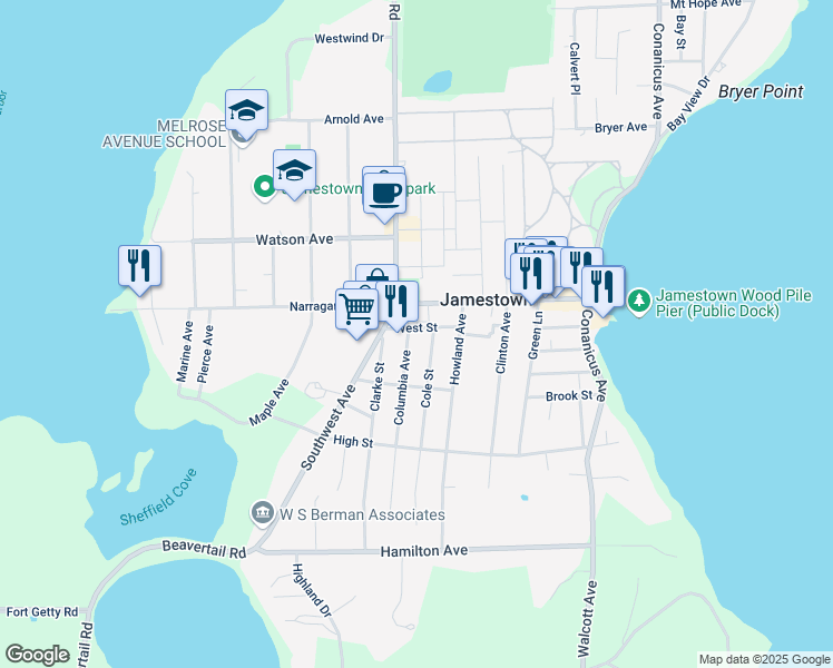 map of restaurants, bars, coffee shops, grocery stores, and more near 99 Narragansett Avenue in Jamestown