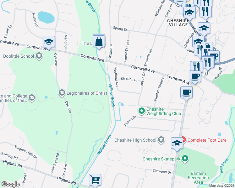 map of restaurants, bars, coffee shops, grocery stores, and more near 413 Westland Avenue in Cheshire
