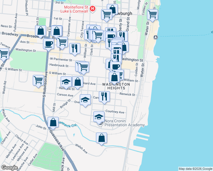 map of restaurants, bars, coffee shops, grocery stores, and more near 35 South Lander Street in Newburgh