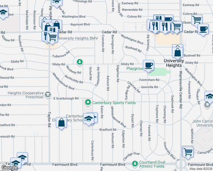 map of restaurants, bars, coffee shops, grocery stores, and more near 2340 Ashurst Road in University Heights