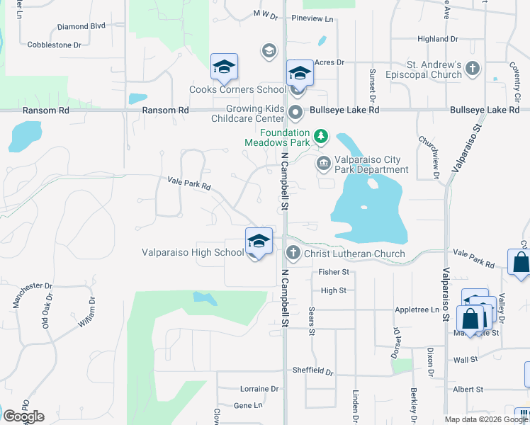 map of restaurants, bars, coffee shops, grocery stores, and more near 558 Lantern Walk in Valparaiso
