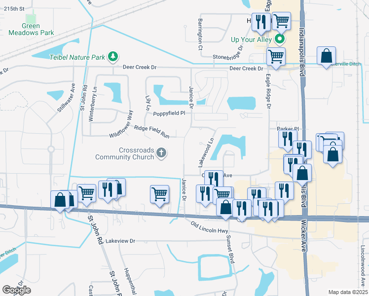 map of restaurants, bars, coffee shops, grocery stores, and more near 1315 Marigold Place in Schererville